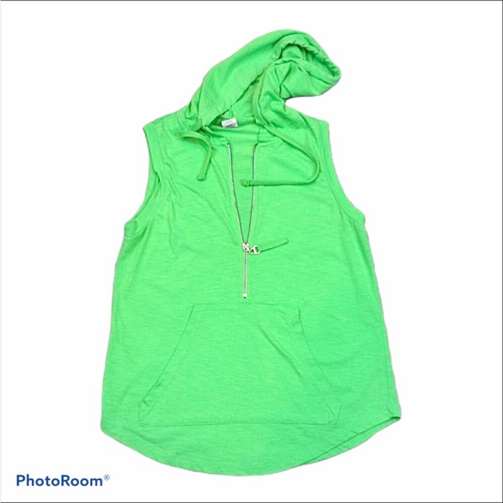 OP neon green hooded front pocket sleeveless 1/2 zip top